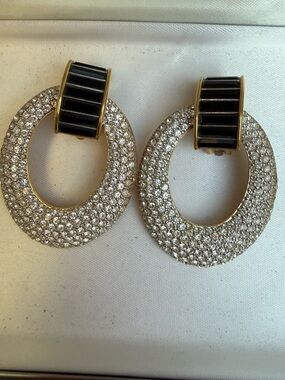 VINTAGE SWAROVSKI DOOR KNOCKER CRYSTAL GOLD CLIP EARRINGS SIGNED